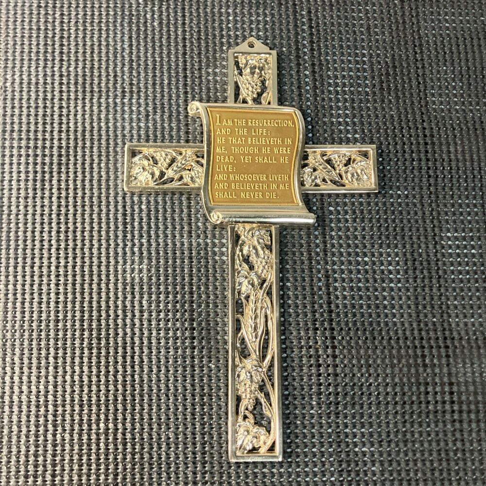 VTG 9” Gold Metal Cast Father Prayer Cross Crucifix Hanging Decor Wheat Grass